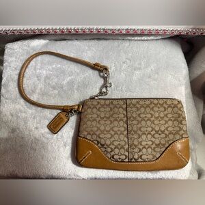 Coach Brown/Tan Signature Canvas Wristlet with Leather Trim